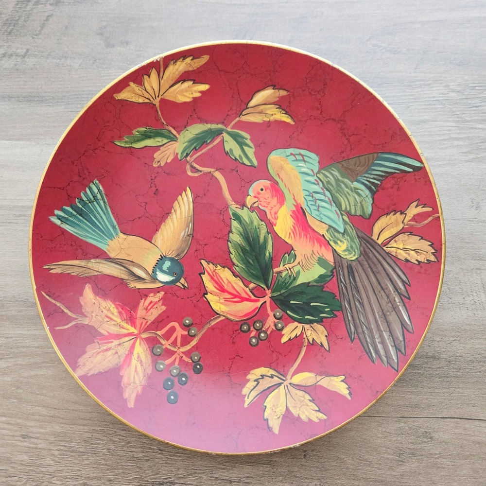 Vintage Decorative Plate Red Birds Floral Gold Rim Wall Art Display Only